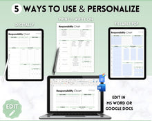 Load image into Gallery viewer, EDITABLE Responsibility Chart | Family Chore Chart, Weekly Adult Routine &amp; Reward Chart for Kids | Green
