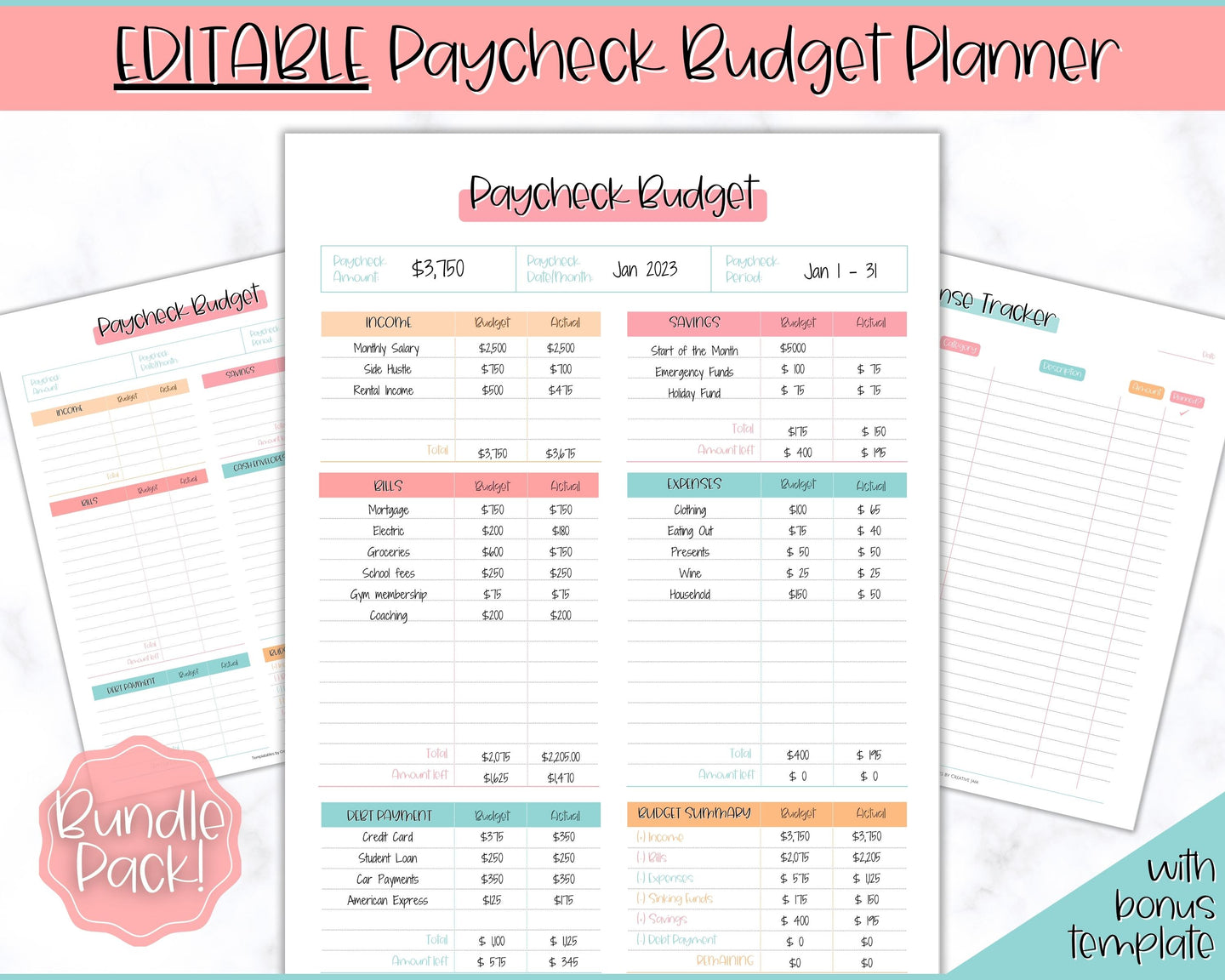 Editable Paycheck Budget Planner Template | Printable Paycheck Tracker, Finance Planner, Zero Based Budget Binder | Colorful Sky