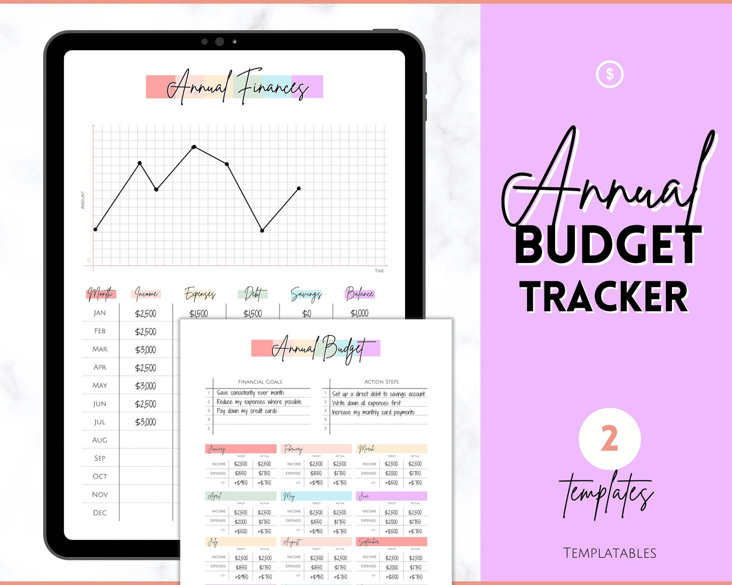 Annual Budget Tracker | Bill, Expenses, Income & Savings Tracker | Pastel Rainbow