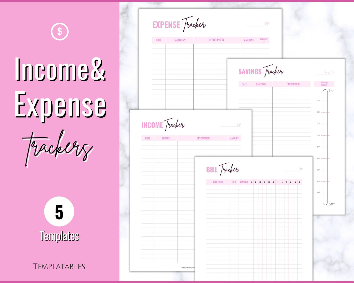 Savings Tracker BUNDLE | Income, Expenses, Savings & Bill Tracker Printables, Personal Finance Planner Binder | Brit Pink