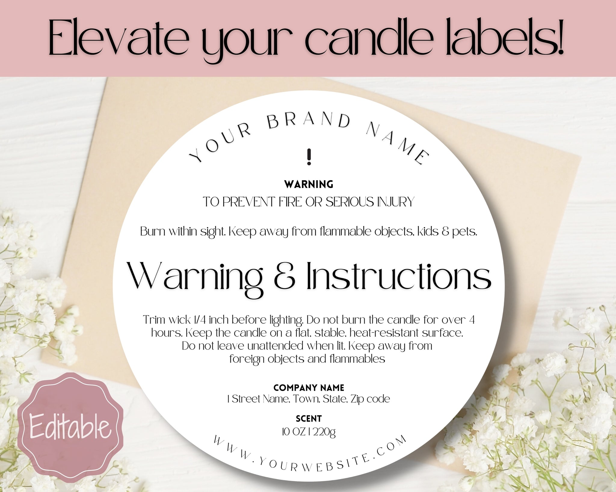 Candle Warning Label Template Editable Candle Safety Label Circle