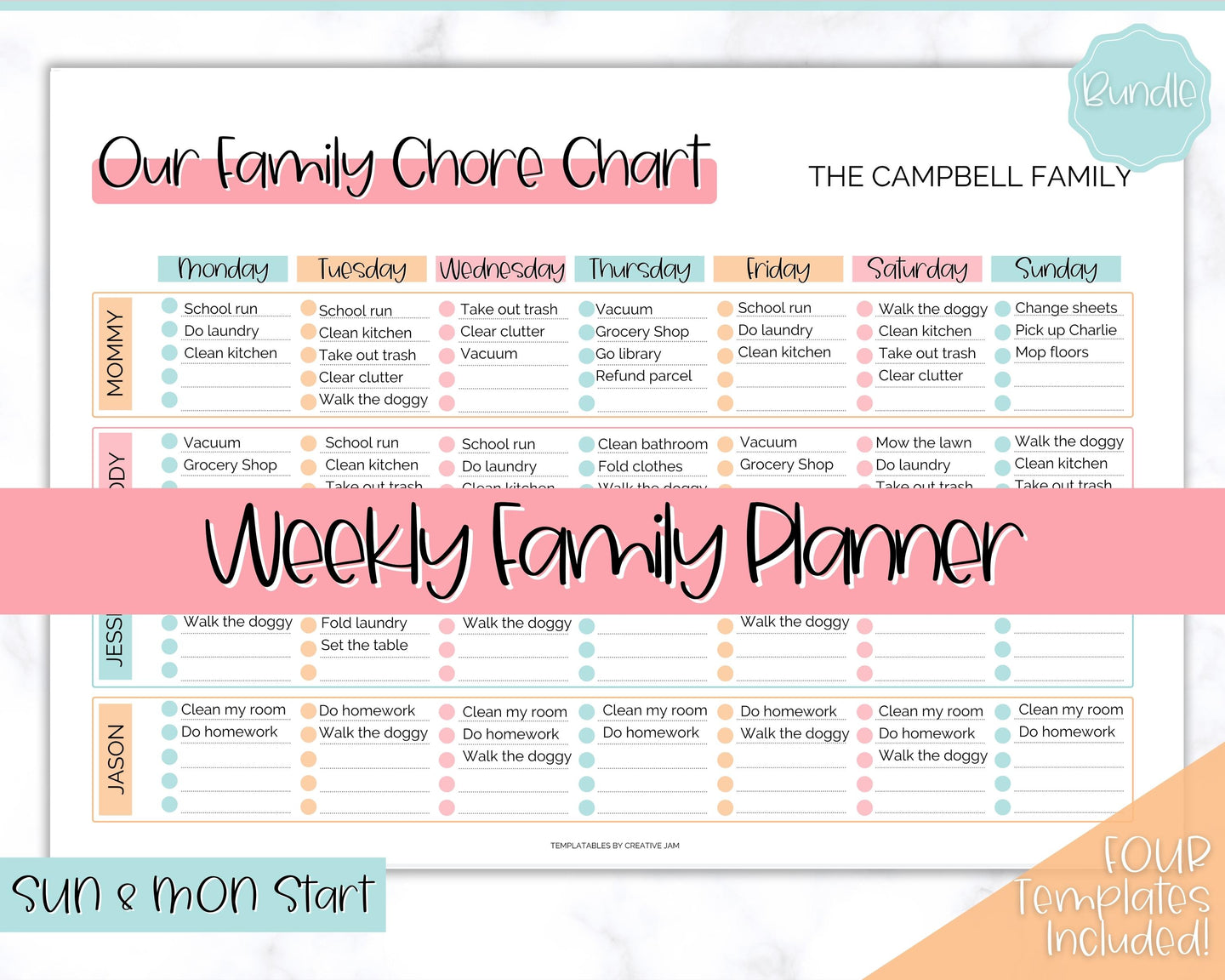 Family Chore Chart Printable | Editable Family Planner Schedule for Kids & Adults | Sky Colorful