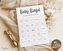 Load image into Gallery viewer, Baby Bingo Cards, 30 Prefilled Baby Shower Game Printables | Trivia Activity for Woodland, Boho, Neutral Theme Baby Showers
