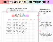 Load image into Gallery viewer, Bill Payment Tracker Printable | Monthly Bill Organizer, Checklist &amp; Calendar | Pastel Rainbow
