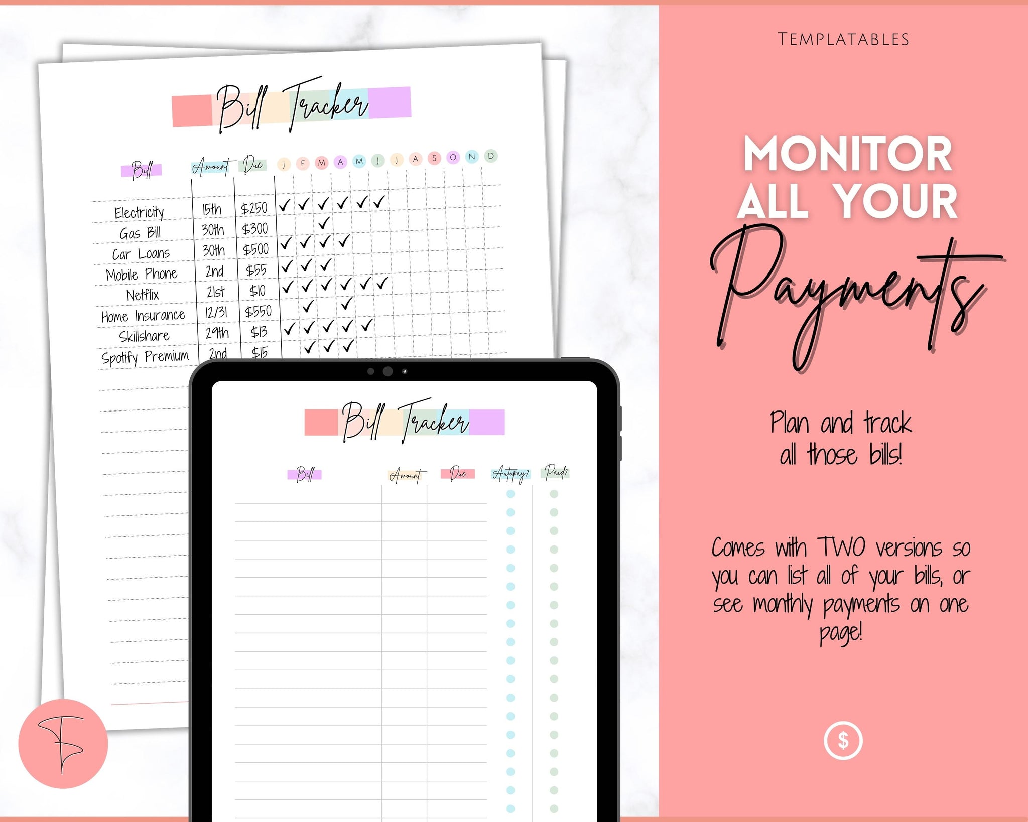 PERSONAL Bill Tracker Printable Budget Planner Monthly Bill 