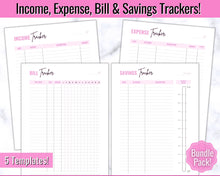 Load image into Gallery viewer, Savings Tracker BUNDLE | Income, Expenses, Savings &amp; Bill Tracker Printables, Personal Finance Planner Binder | Brit Pink
