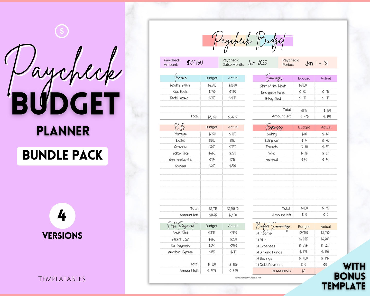 Editable Paycheck Budget Planner Template | Printable Paycheck Tracker, Finance Planner, Zero Based Budget Binder | Pastel Rainbow