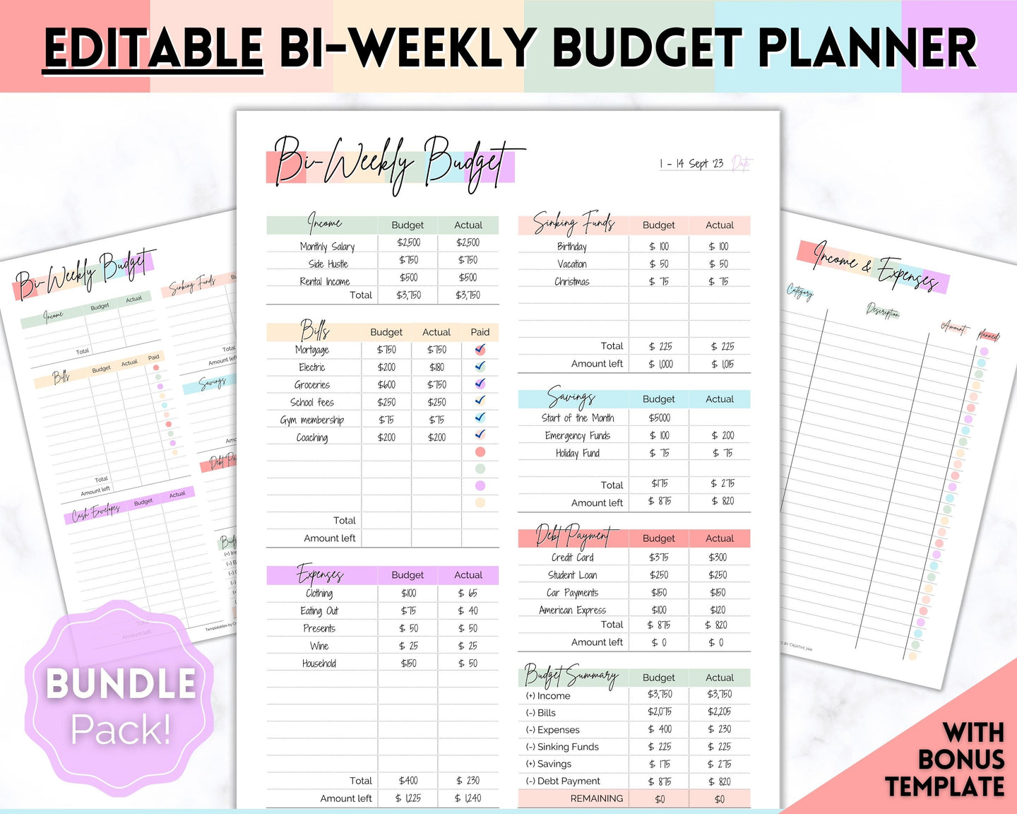 Editable Biweekly Budget Planner Template |  Printable Paycheck Tracker, Finance Planner, Zero Based Budget Binder | Pastel Rainbow