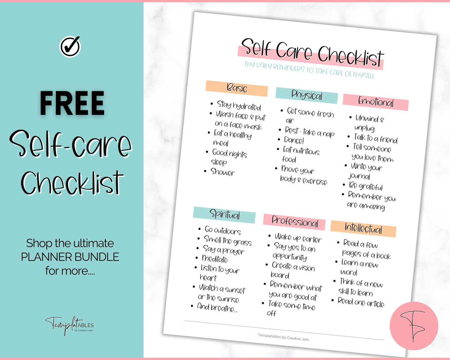 FREE - Self Care Checklist, Self-Care Planner & Selfcare Journal Tracker | Wellness Planner, Daily Wellbeing, Mindfulness, Mental Health Kit | Colorful Sky