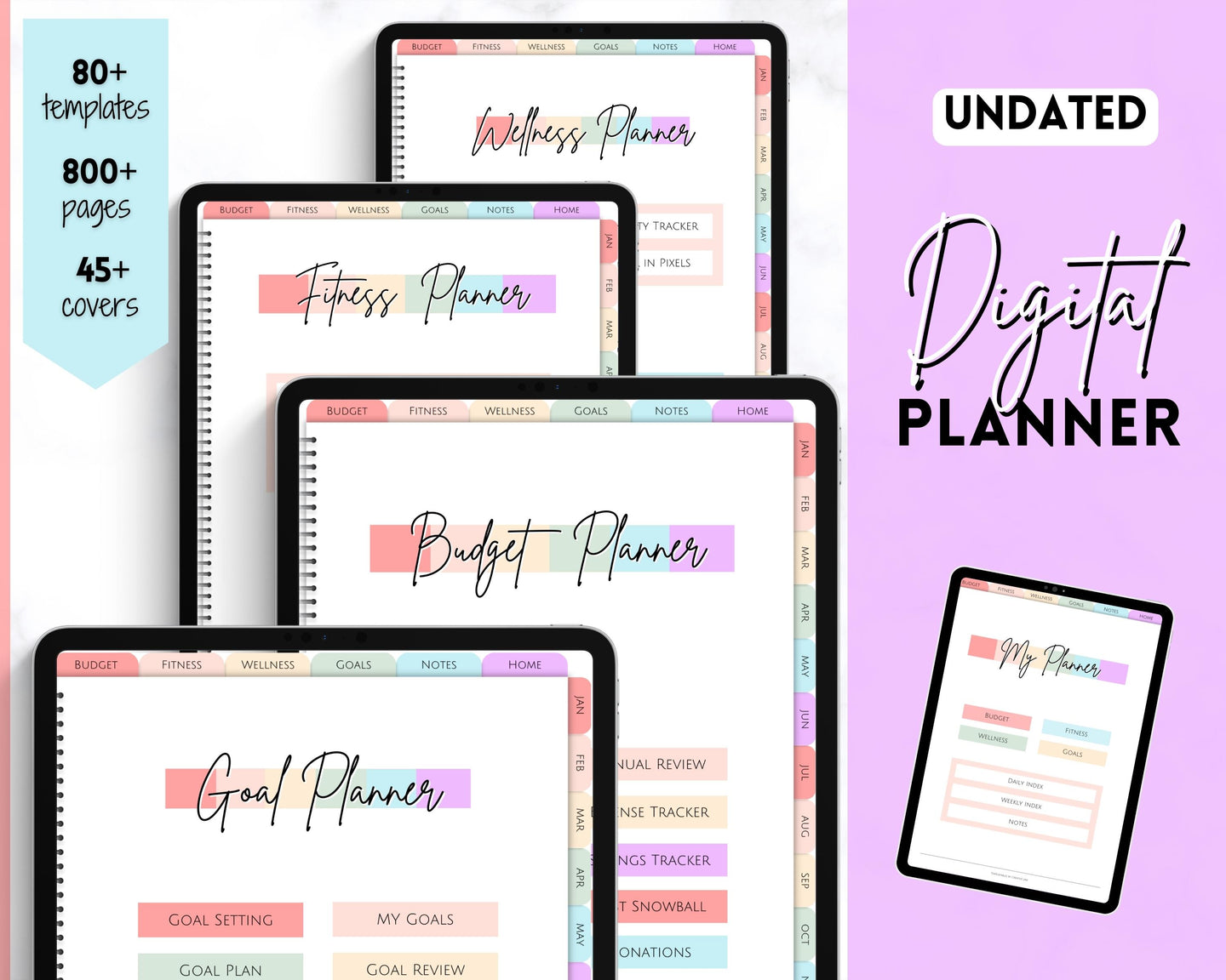 UNDATED Ultimate Digital Life Planner | GoodNotes Digital iPad Fitness, Budget, Wellness, Goals Planner | Pastel Rainbow