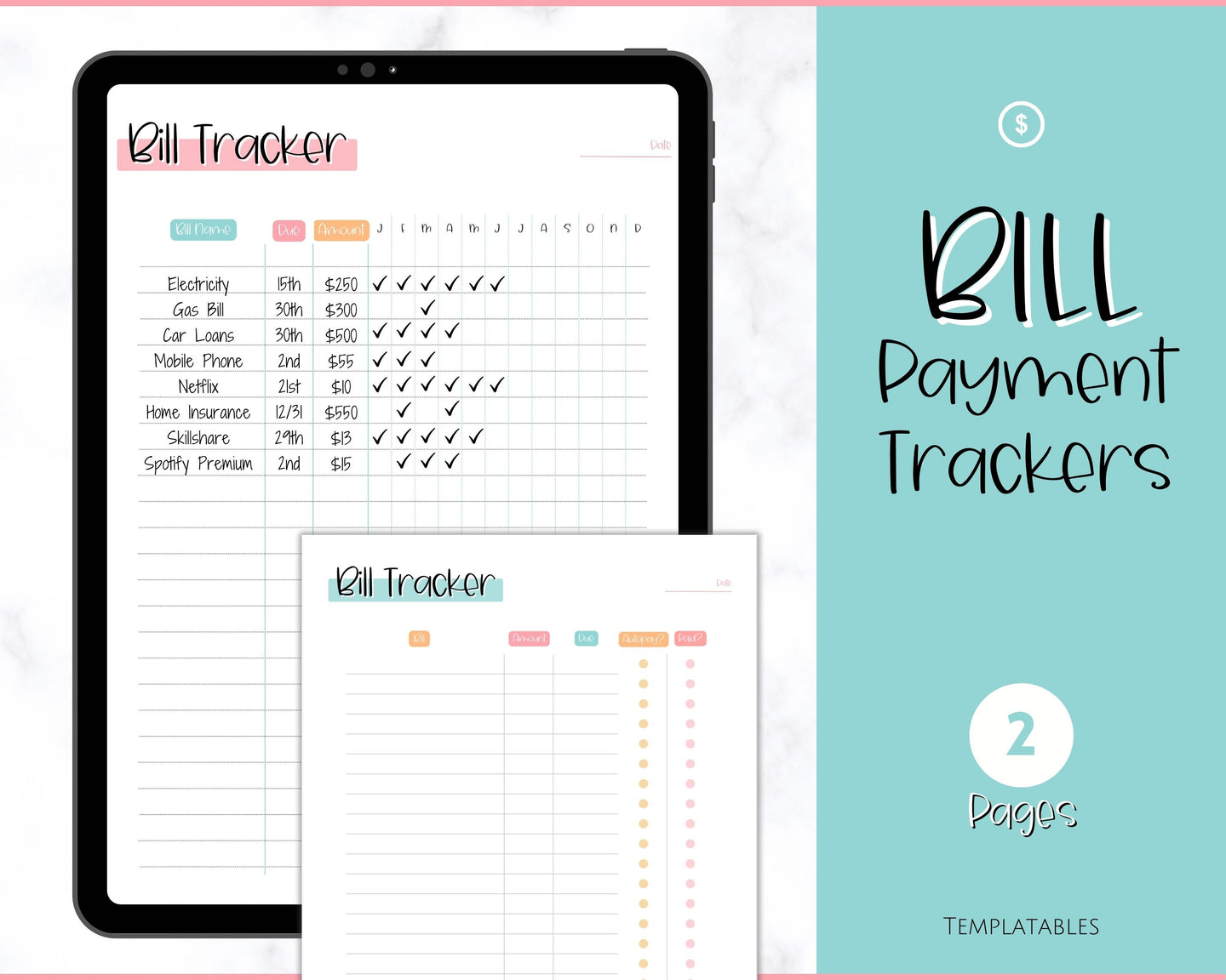 Bill Payment Tracker Printable | Monthly Bill Organizer, Checklist & Calendar | Colorful Sky