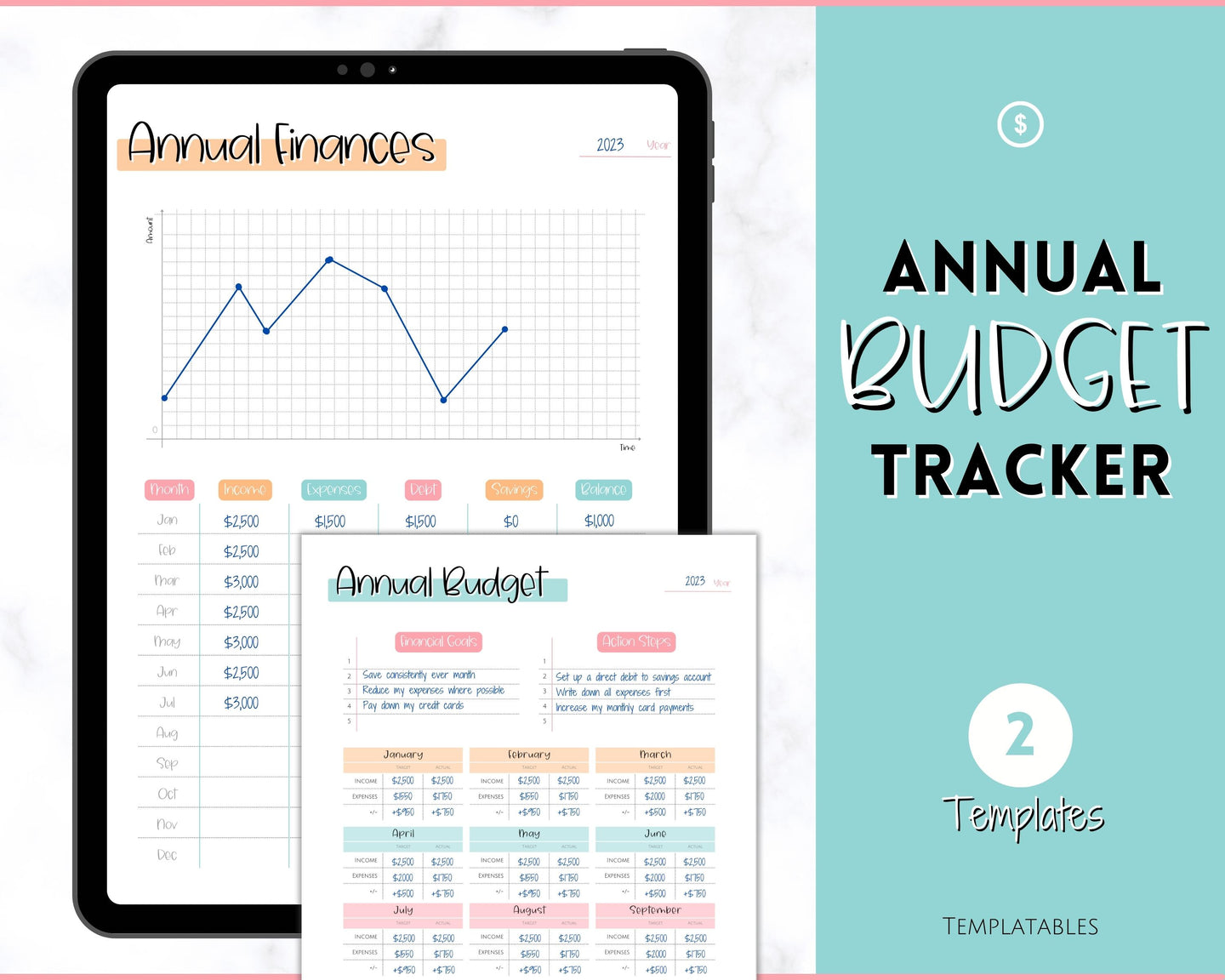 Annual Budget Tracker | Bill, Expenses, Income & Savings Tracker | Colorful Sky