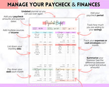 Load image into Gallery viewer, Editable Paycheck Budget Planner Template | Printable Paycheck Tracker, Finance Planner, Zero Based Budget Binder | Pastel Rainbow
