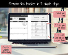 Load image into Gallery viewer, Monthly Bill Payment Tracker Spreadsheet | Google Sheets Automated Bill Calendar &amp; Organizer | Mono
