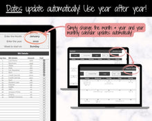 Load image into Gallery viewer, Monthly Bill Payment Tracker Spreadsheet | Google Sheets Automated Bill Calendar &amp; Organizer | Mono
