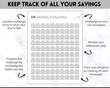 Load image into Gallery viewer, 5k Envelope Challenge, 5000 Savings Tracker Printable, 100 Envelopes Save, Budget Cash Envelope, 100 day challenge, Money Saving Finance | Mono
