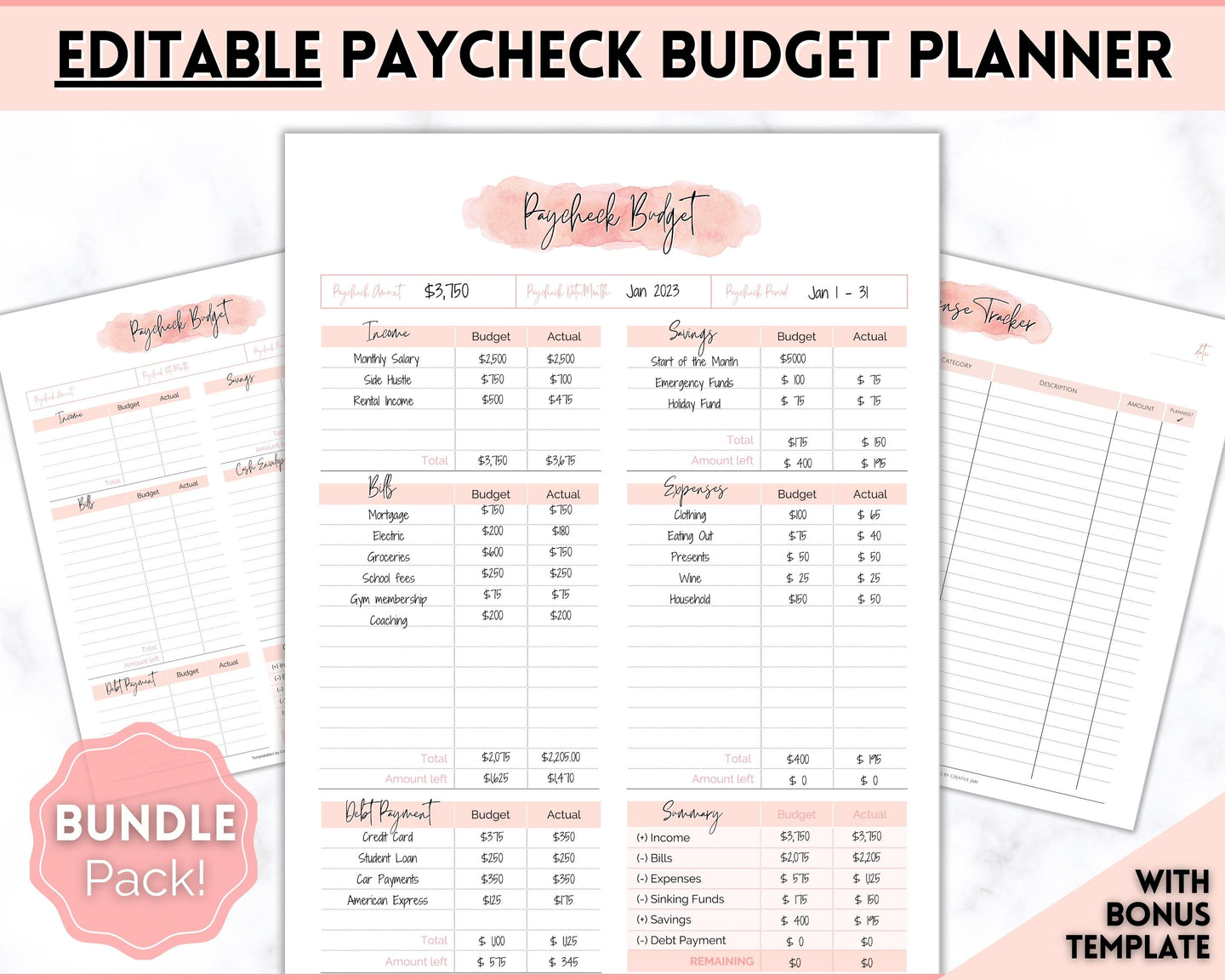 Editable Paycheck Budget Planner Template | Printable Paycheck Tracker, Finance Planner, Zero Based Budget Binder | Pink Watercolor