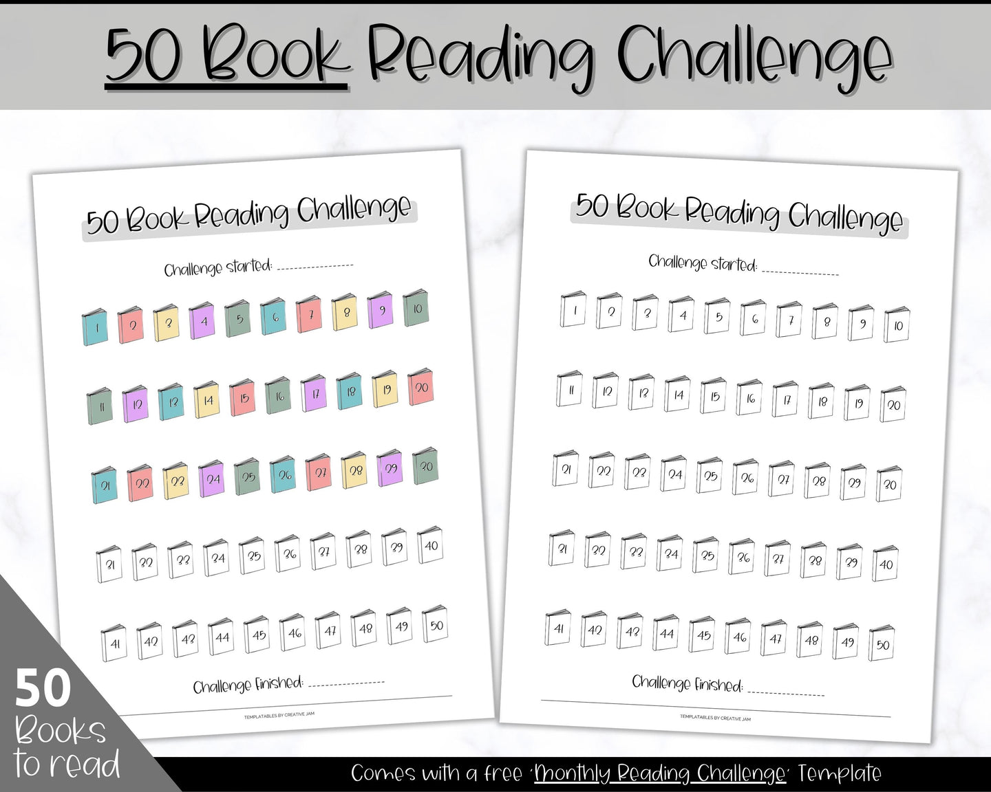 50 Book Challenge Printable | Reading Challenge BUNDLE, Adult & Kids Reading Log & Book Tracker | Sky Mono