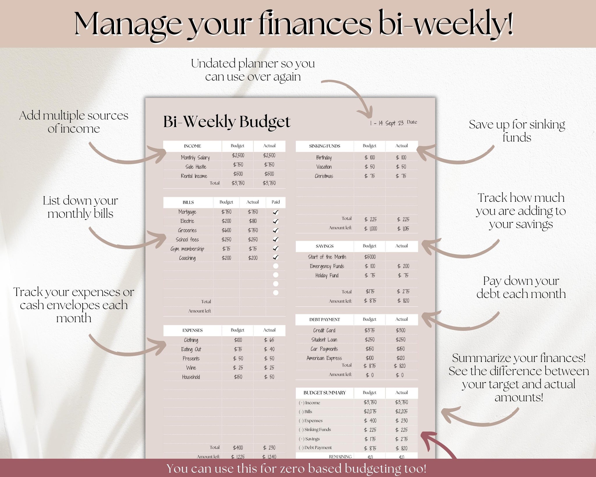 Biweekly Budget Planner  Editable Paycheck Budget Tracker - Lux