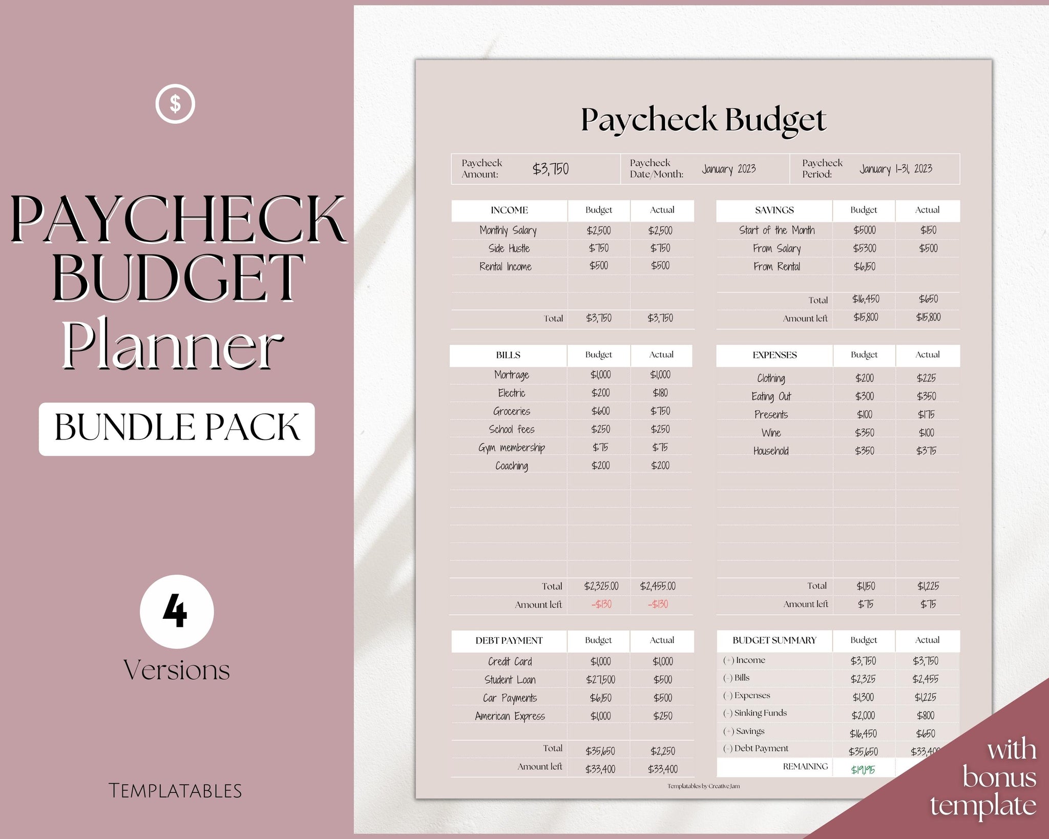 Paycheck Budget Planner  Editable Zero Based Budget Tracker - Lux