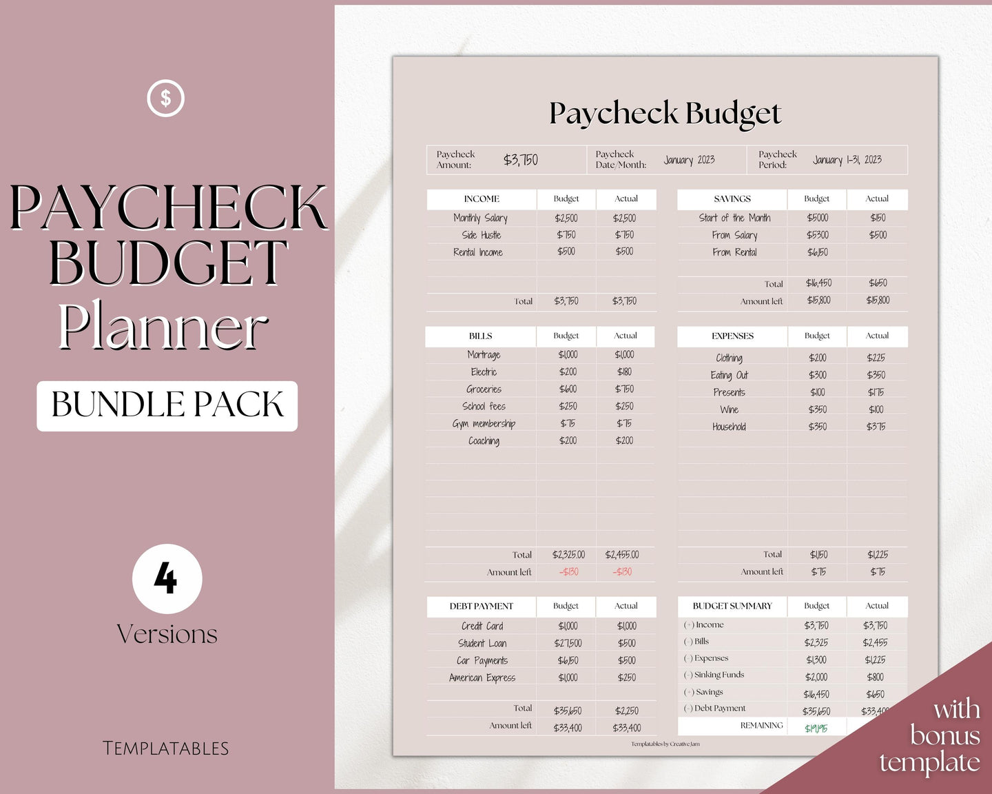 Editable Paycheck Budget Planner Template | Printable Paycheck Tracker, Finance Planner, Zero Based Budget Binder | Lux