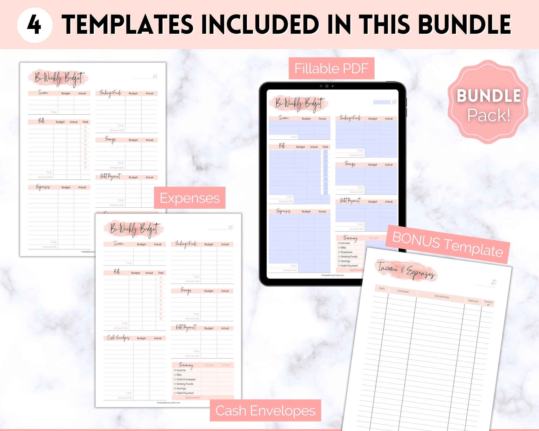 Biweekly Budget Planner  Editable Paycheck Budget Tracker - Pink