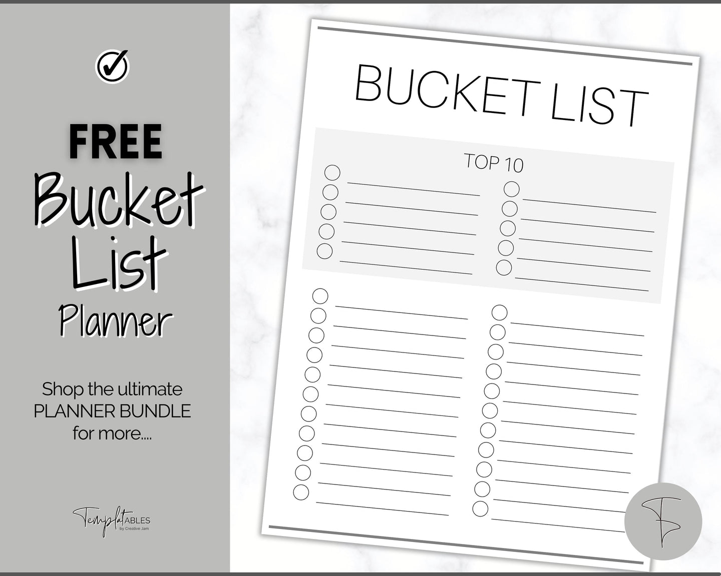 FREE - Bucket List Printable Bundle | Top 100 things to do, Wish List Holiday, Travel and New Year Planner | Mono