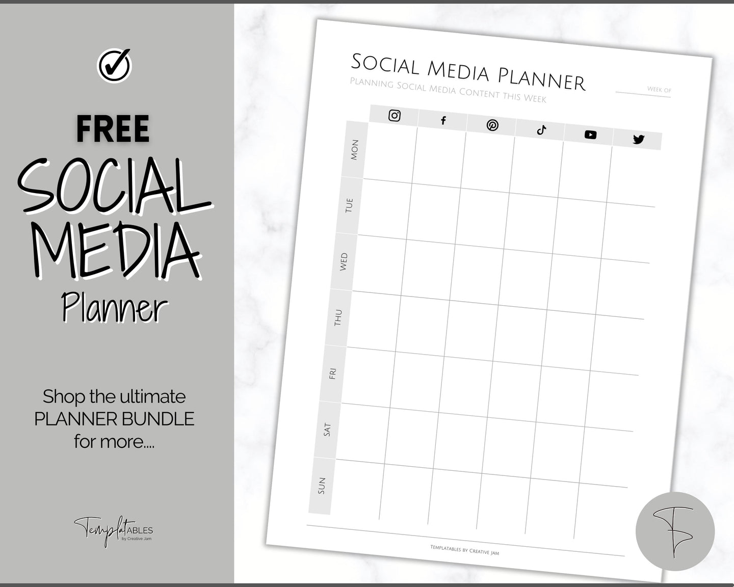 FREE - Social Media Planner Printable for Marketing | Weekly Tracker for Instagram, YouTube, Facebook, Pinterest & Blogs | Mono Minimalist