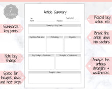 Load image into Gallery viewer, Article Summary Sheet, Student Planner, Student Printable, Research Paper, Dissertation, Journal, Project Planner, Study, College, Essay | Pink

