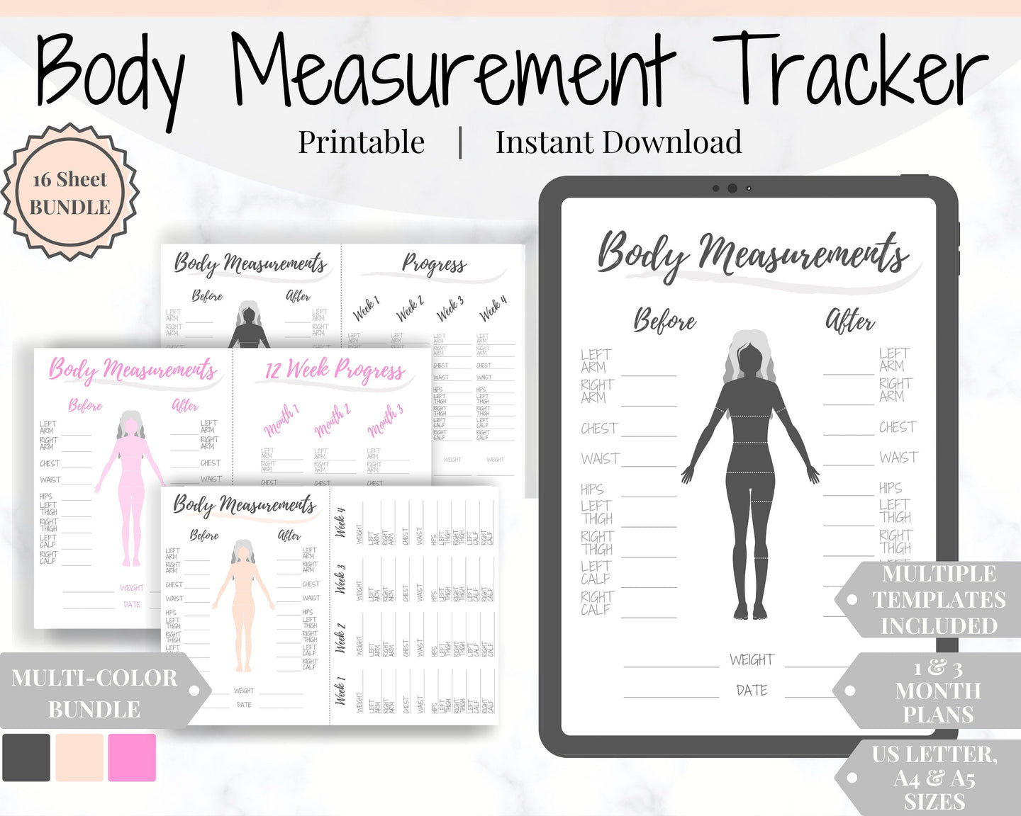Body Measurement Fitness Planner for Weight Loss. Template Tracker Printable for Wellness & Bullet Journal. Slimming World Weight Watchers