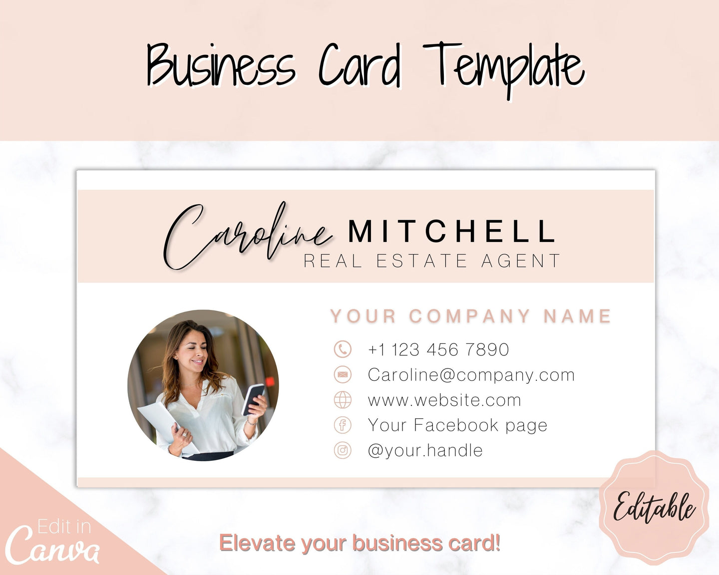 Business Card Template. DIY add logo & photo! Editable Canva Design. Minimalist, Modern, Realtor Marketing, Real Estate, Realty Professional | Pink Style 2