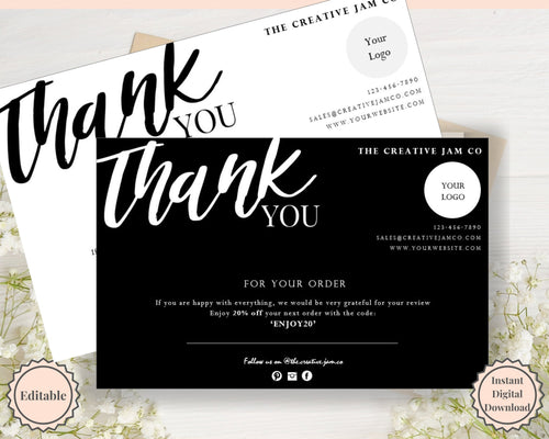 Business Thank You For Your Order Insert Card Template. EDITABLE Parcel Insert, Etsy Order, Small Online Business Purchase | Black & White