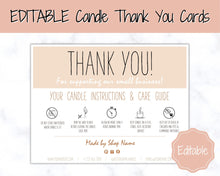 Load image into Gallery viewer, Candle Thank You Card, EDITABLE Care Card, Care Guide, Safety Instructions, Packaging &amp; Labels, Business Thank you for your order Insert | Brown
