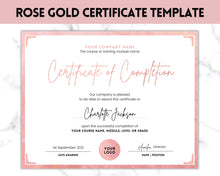 Load image into Gallery viewer, Certificate Template, Editable Certificate of Completion, Achievement, Award, Recognition, Hair, Massage, Lashes Course, Training | Rose Gold
