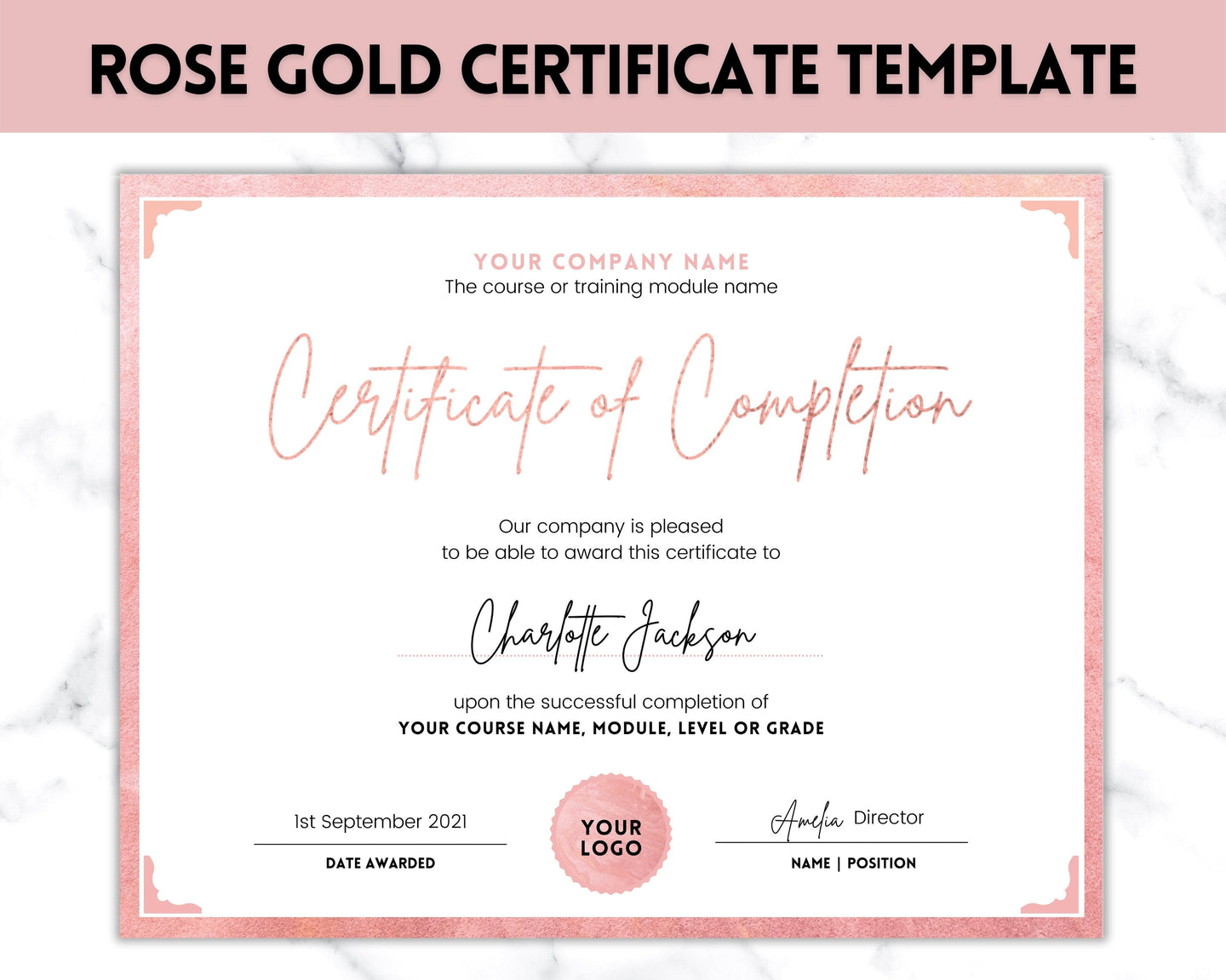 Certificate Template, Editable Certificate of Completion, Achievement, Award, Recognition, Hair, Massage, Lashes Course, Training | Rose Gold