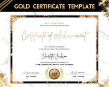 Load image into Gallery viewer, Certificate of Achievement Template, Editable GOLD Certificate of Completion, Award Recognition, Hair, Massage, Lashes Course, Training | Gold
