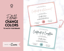 Load image into Gallery viewer, Certificate of Achievement Template, Editable Rose Gold Certificate of Completion, Award Recognition, Hair, Massage, Lashes Course, Training | Rose Gold
