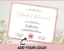 Load image into Gallery viewer, Certificate of Achievement Template, Editable Rose Gold Certificate of Completion, Award Recognition, Hair, Massage, Lashes Course, Training | Rose Gold
