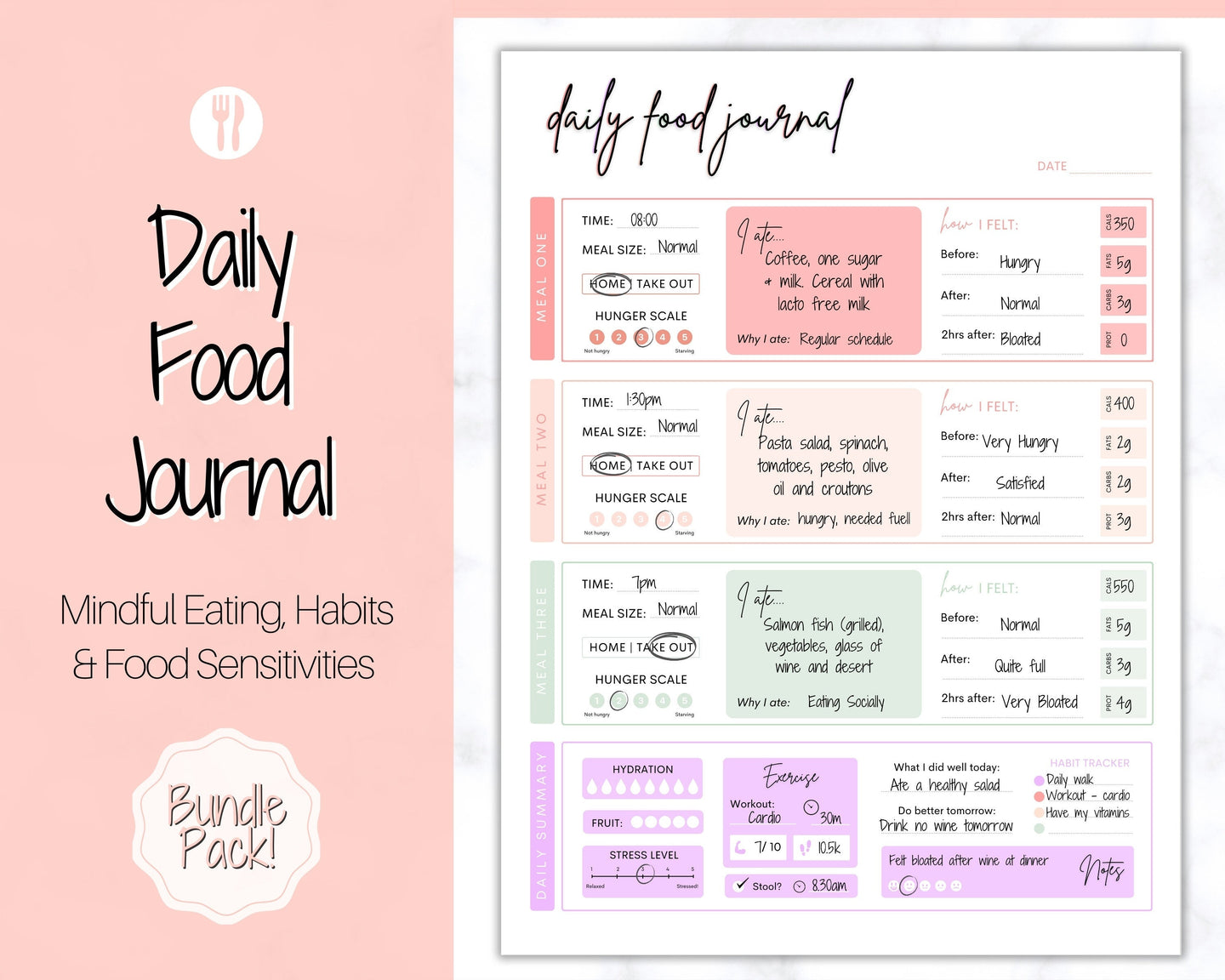 DAILY Food Journal, Colorful Food Diary, Diet & Nutrition Log, Weekly Meal Planner Printable, Meal Tracker, Menu Plan, Prep! Fitness, Health | Pastel Rainbow