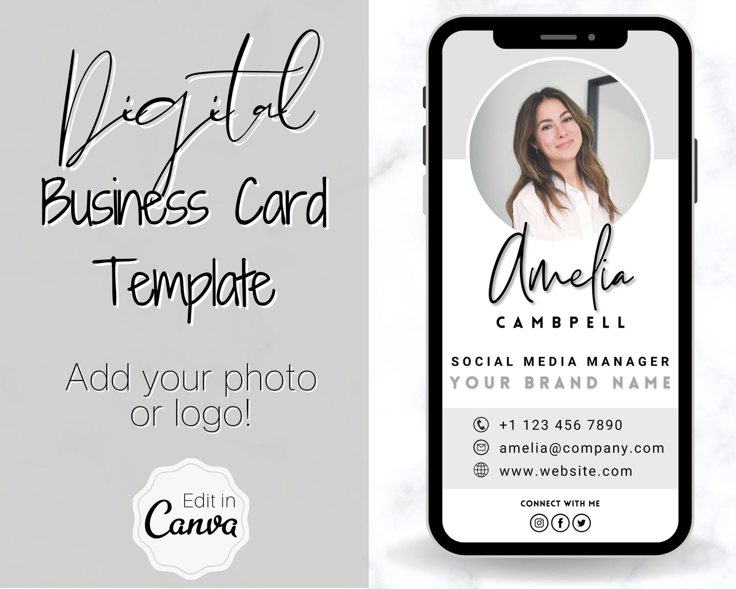 Digital Business Card Template. DIY add logo & photo! Editable Canva Design. Modern, Realtor Marketing, Real Estate, Realty Professional | Mono Style 4