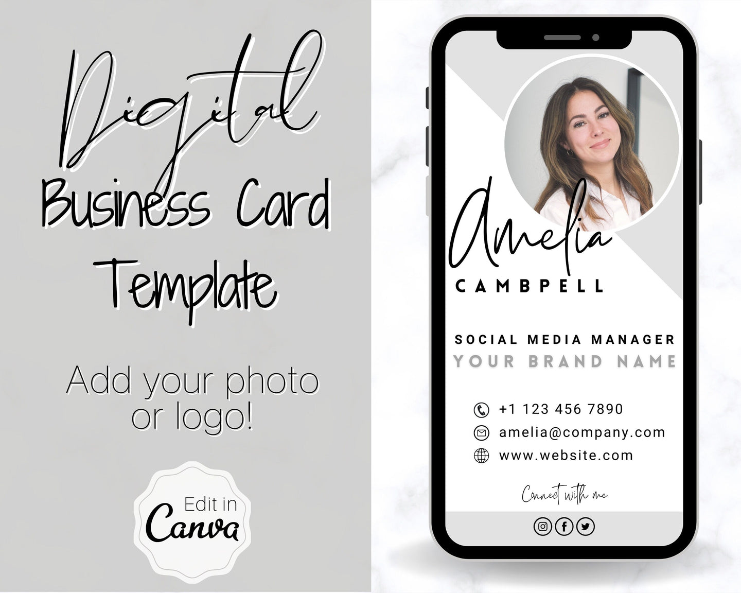 Digital Business Card Template. DIY add logo & photo! Editable Canva Design. Modern, Realtor Marketing, Real Estate, Realty Professional | Mono Style 6