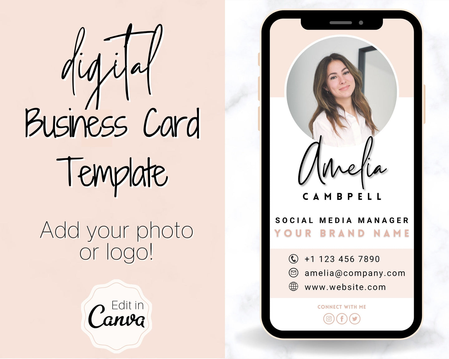 Digital Business Card Template. DIY add logo & photo! Editable Canva Design. Modern, Realtor Marketing, Real Estate, Realty Professional | Pink Style 2