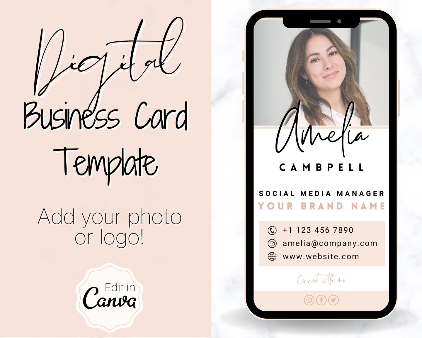 Digital Business Card Template. DIY add logo & photo! Editable Canva Design. Modern, Realtor Marketing, Real Estate, Realty Professional | Pink Style 3