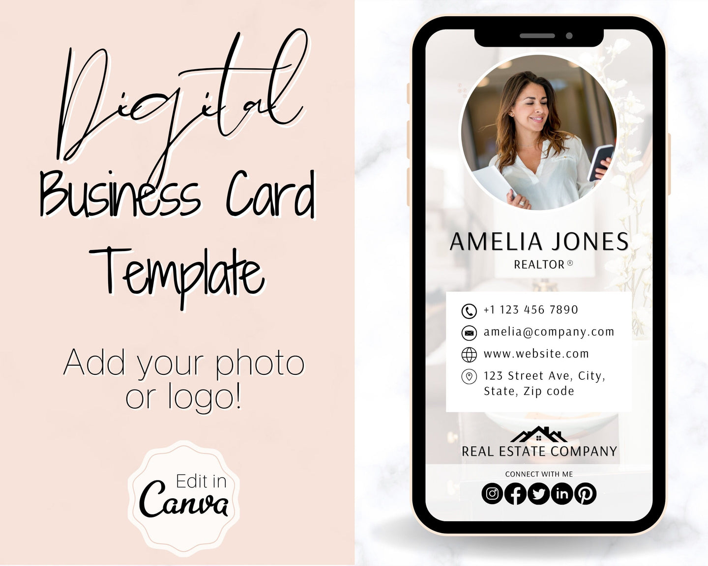 Digital Business Card Template. DIY add logo & photo! Editable Canva Design. Modern, Realtor Marketing, Real Estate, Realty Professional | Pink Style 8