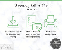 Load image into Gallery viewer, EDITABLE Cleaning Planner, EDITABLE Cleaning Checklist, Cleaning Schedule, Weekly House Chores, Clean Home Routine, Monthly Cleaning List | Green
