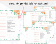 Load image into Gallery viewer, EDITABLE Cleaning Schedule, FLYLADY Daily Routine, Cleaning Checklist, Cleaning Planner, Weekly House Chore, Control Journal, Fly Lady Zones | Landscape &amp; Portrait - Flower
