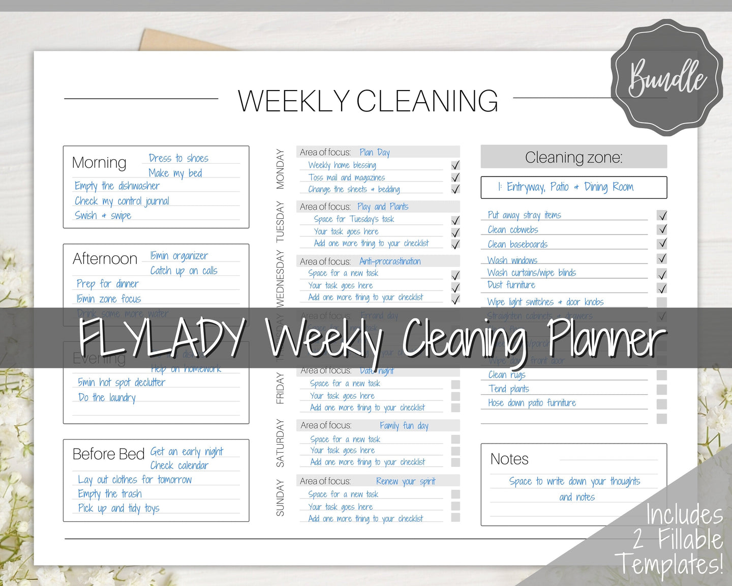 EDITABLE Cleaning Schedule, FLYLADY Daily Routine, Cleaning Checklist, Cleaning Planner, Weekly House Chore, Control Journal, Fly Lady Zones | Landscape & Portrait - Mono