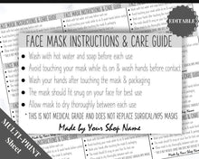 Load image into Gallery viewer, EDITABLE Face Mask LABEL Care Card, How to Handle Order Card, Face Mask Instructions, Business Card Labels, Mask Seller, Package Label Tag | Grey
