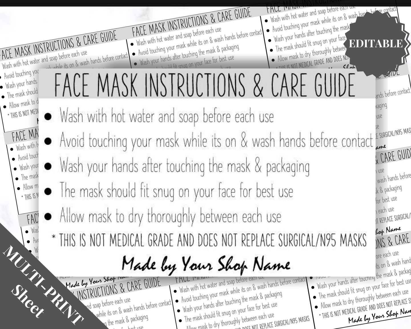 EDITABLE Face Mask LABEL Care Card, How to Handle Order Card, Face Mask Instructions, Business Card Labels, Mask Seller, Package Label Tag | Grey