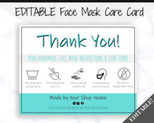 Load image into Gallery viewer, EDITABLE Face Mask Label Care Card, THANK YOU for Your Order Card, Face Mask Instructions, Business Labels, Mask Seller, Package Label Tag | Aqua Style 1
